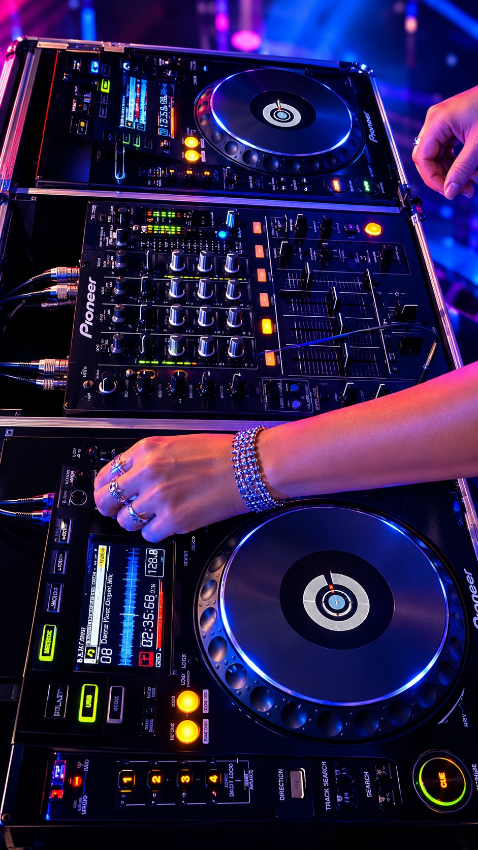 Close-up of Pioneer DJ decks and mixer during a performance